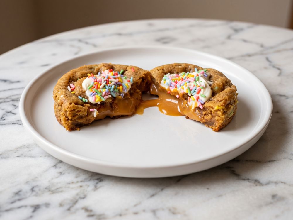 Cookie de Mainha Arerê cortado ao meio, com recheio de brigadeiro de doce de leite escorrendo
