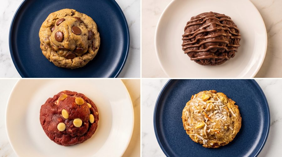 Quatro Cookies de Mainha vistos de cima: Tradicional, Nutella, Red Velvet e Bala Baiana