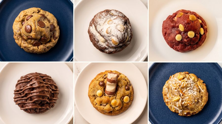 Seis Cookies de Mainha vistos de cima: Tradicional, Ninho com Nutella, Red Velvet, Nutella, Kinder Bueno e Bala Baiana