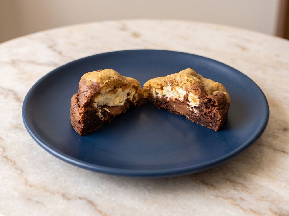 Cookie de Mainha Fusuê cortado ao meio, com recheio de chocolate meio amargo e chocolate branco