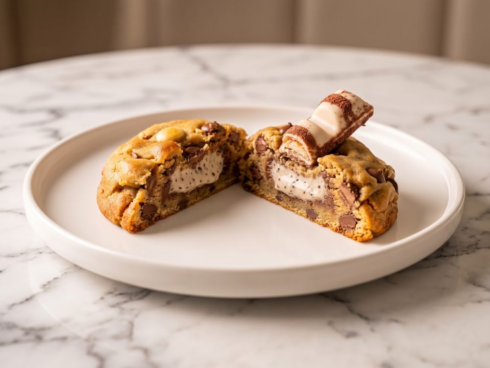 Cookie de Mainha Kinder Bueno cortado ao meio, com recheio cremoso de Kinder escorrendo