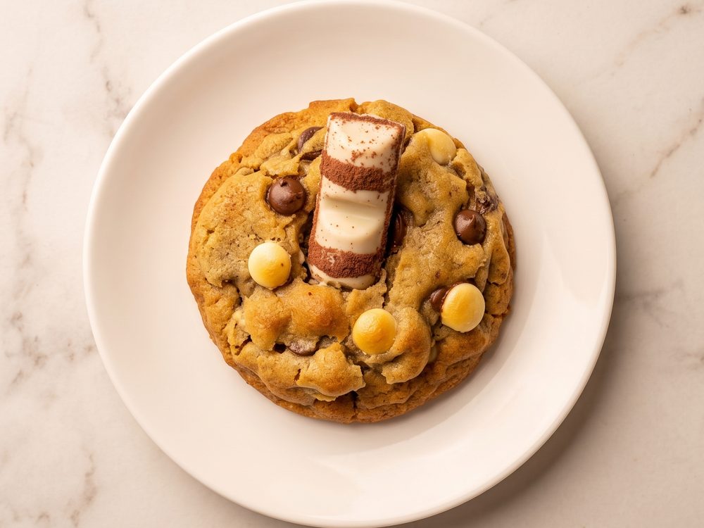 Cookie de Mainha Kinder Bueno, com uma barra de Kinder Bueno por cima