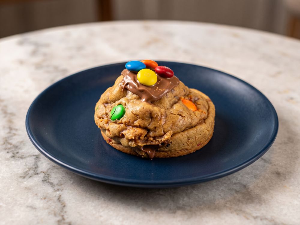 Cookie de Mainha M&M, coberto de Nutella e confeitos coloridos de M&M