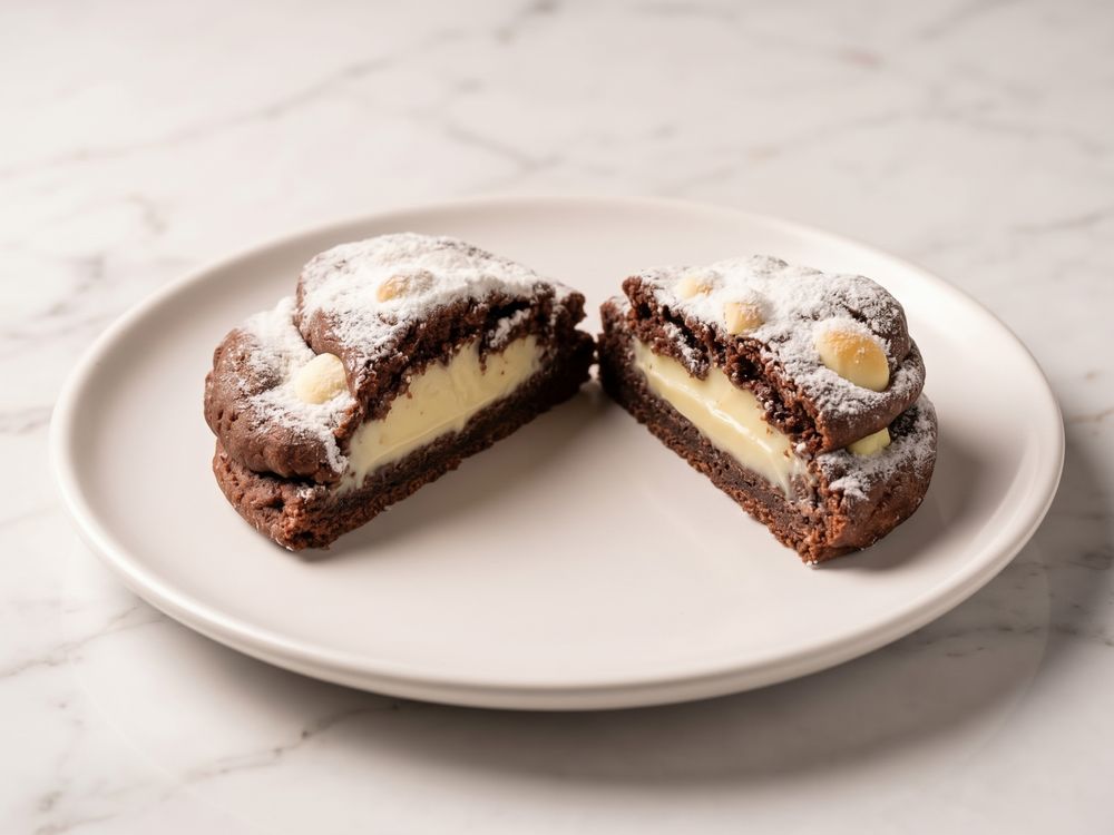 Cookie de Mainha Ninho com Nutella cortado ao meio, com recheio de Nutella e brigadeiro de Ninho escorrendo