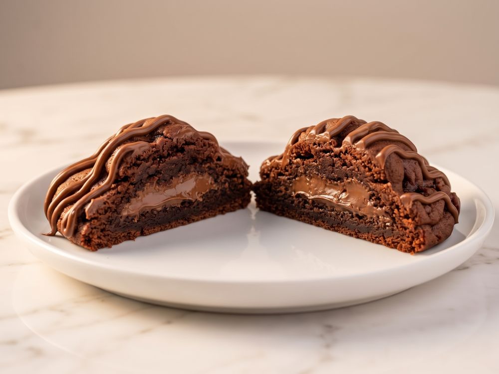 Cookie de Mainha Nutella cortado ao meio, com recheio de Nutella escorrendo