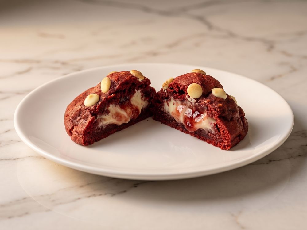 Cookie de Mainha Red Velvet cortado ao meio, com recheio cremoso de brigadeiro de Ninho