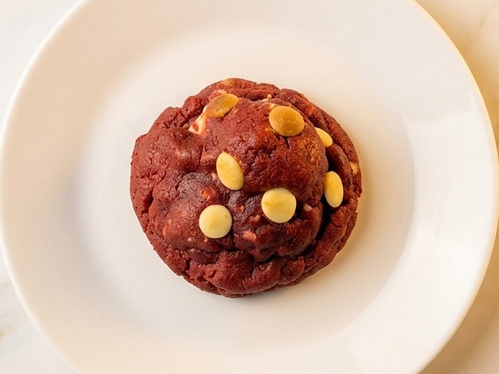 Cookie de Mainha Red Velvet com gotas de chocolate branco
