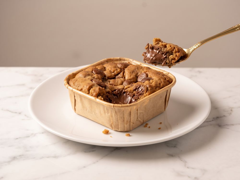 Tortinha de Cookie de Mainha com uma colherada levantando o recheio de Nutella