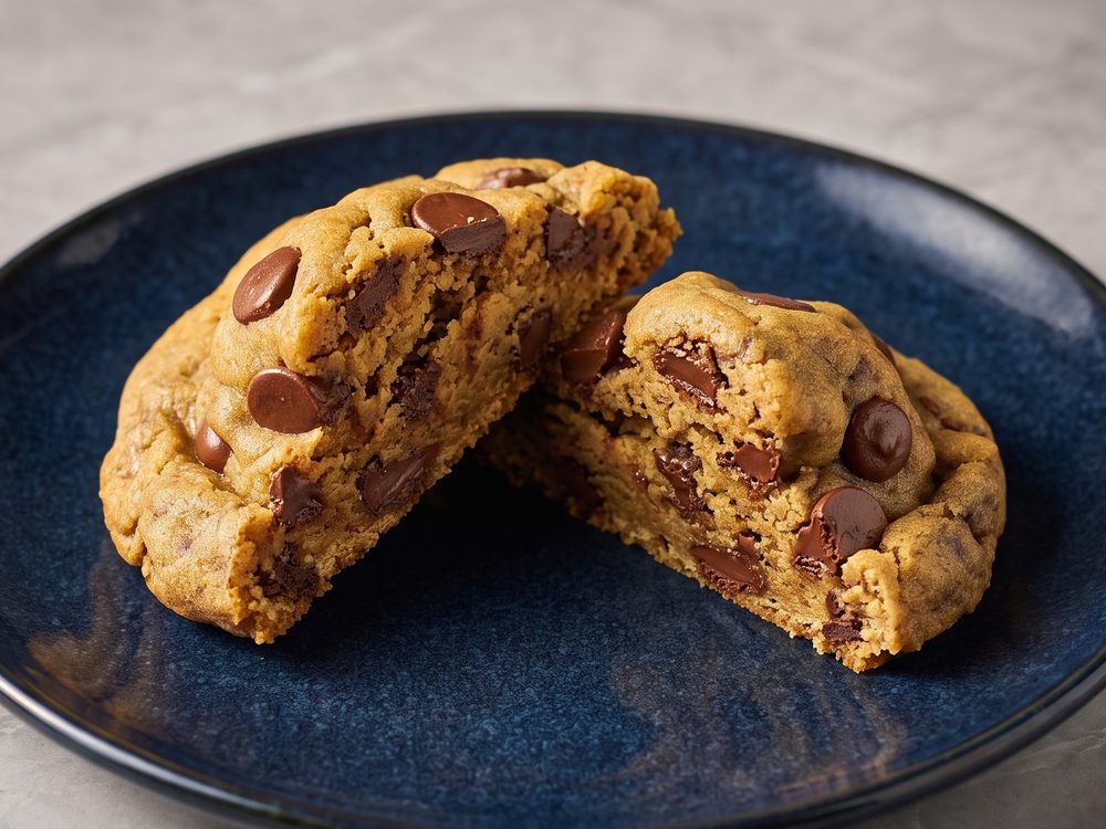 Cookie de Mainha Tradicional cortado ao meio, com as gotas de chocolate por dentro