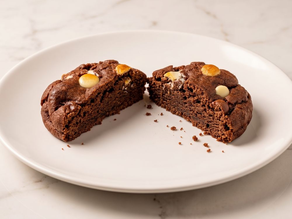 Cookie de Mainha Triplo Chocolate cortado ao meio, com chocolate branco e ao leite derretidos por dentro