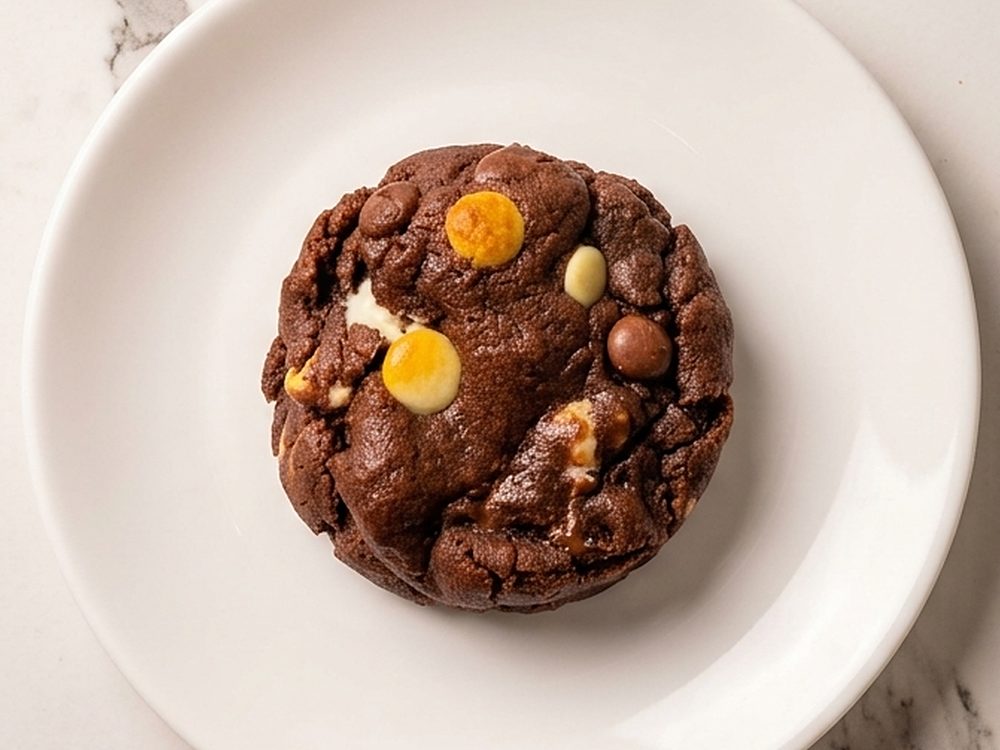 Cookie de Mainha Triplo Chocolate, massa de chocolate com gotas de chocolate branco